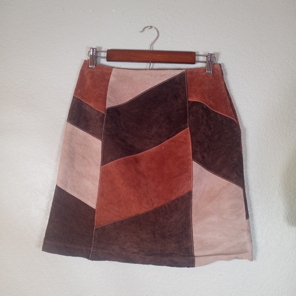 Apostrophe Leather Suede Patchwork Retro 70s Style Tan Brown Hippie Boho Skirt 8 - Picture 2 of 13